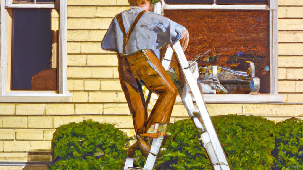 Man climbing ladder on Du Quoin, Illinois home to replace roof