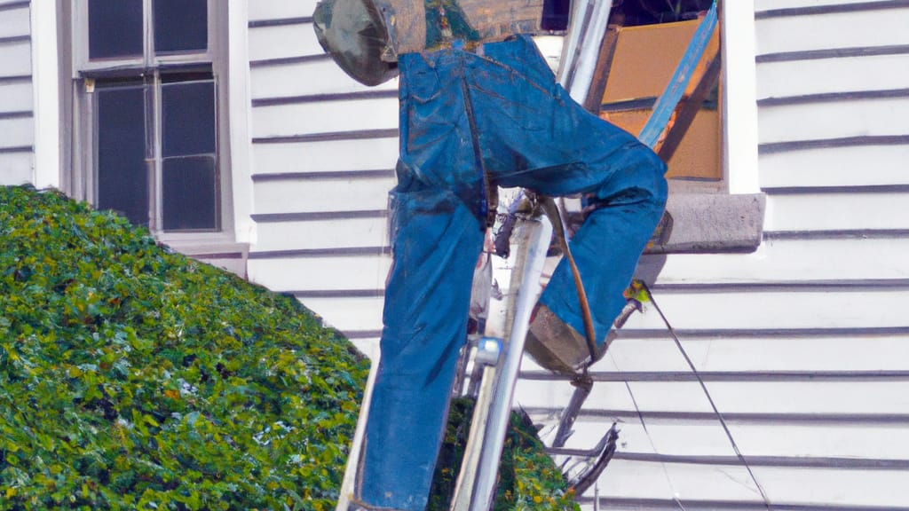 Man climbing ladder on Dunbar, Pennsylvania home to replace roof