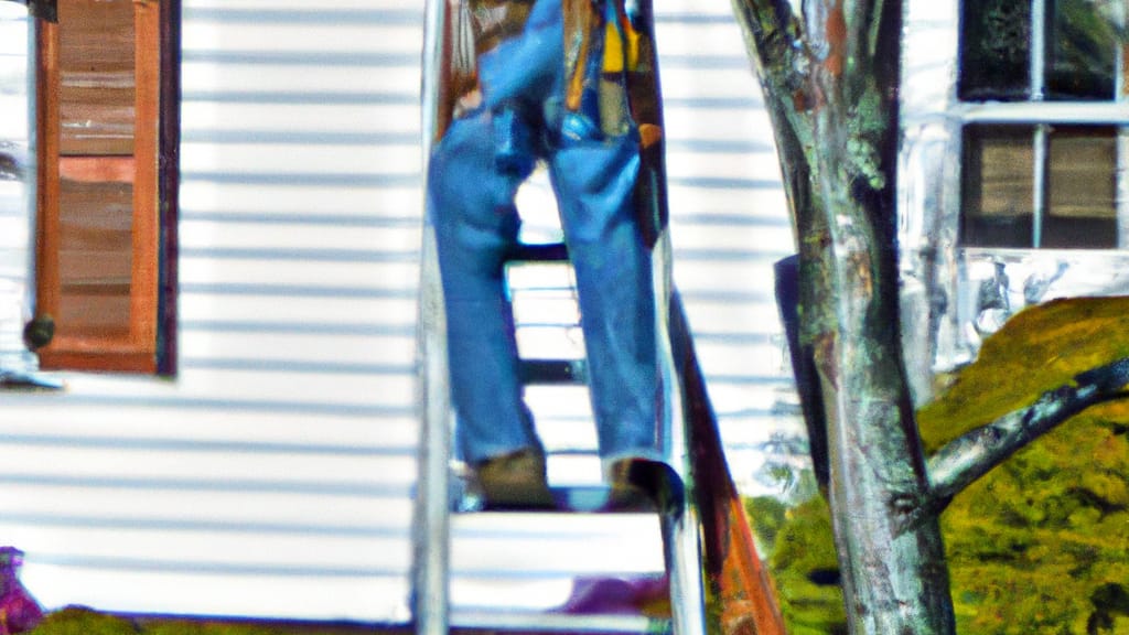 Man climbing ladder on East Meadow, New York home to replace roof