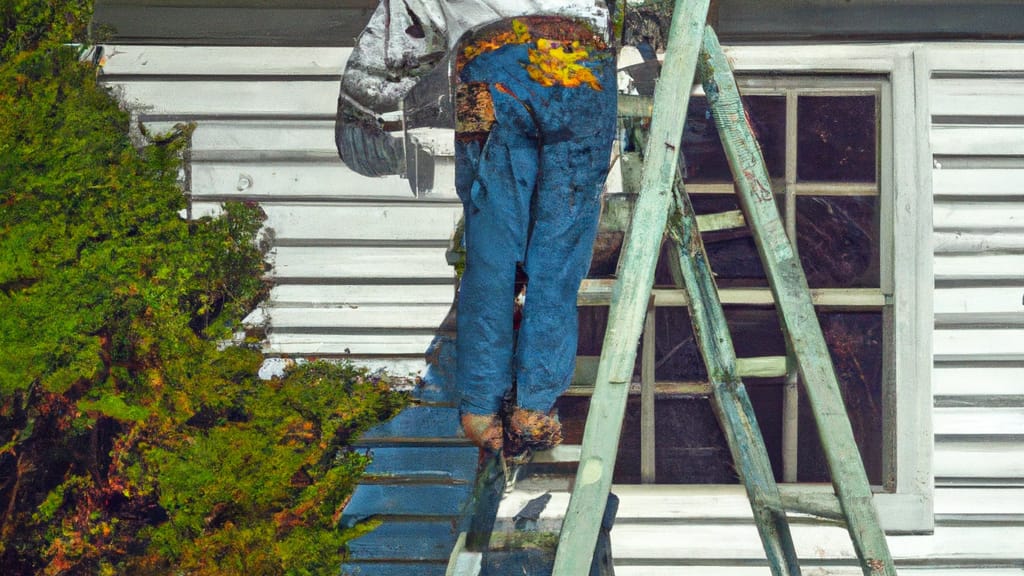 Man climbing ladder on East Quogue, New York home to replace roof