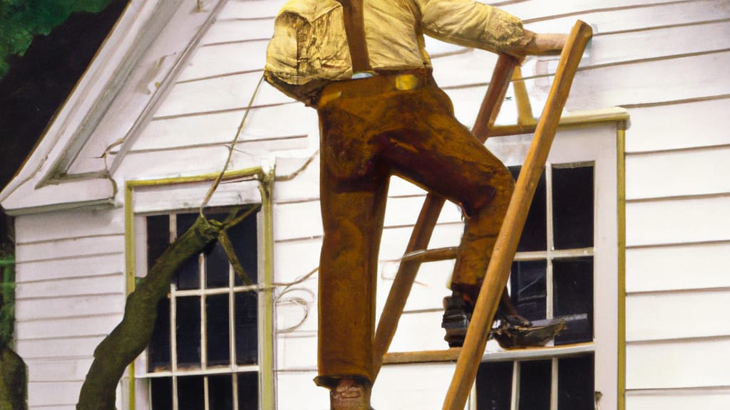 Man climbing ladder on Eastchester, New York home to replace roof