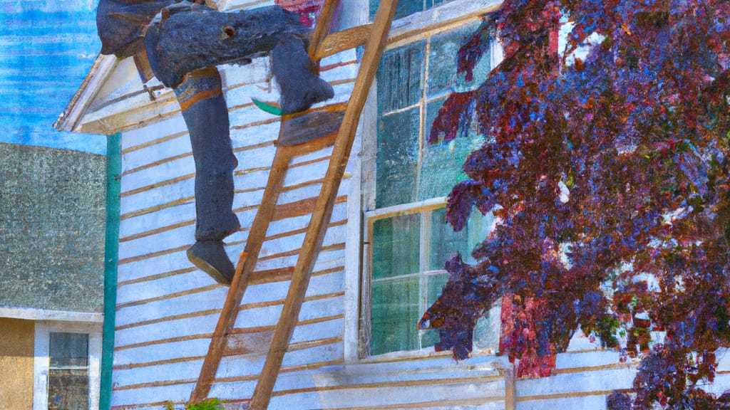 Man climbing ladder on Easthampton, Massachusetts home to replace roof
