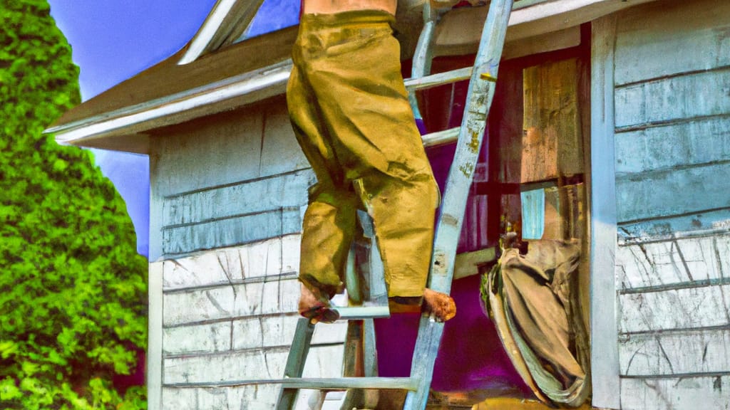 Man climbing ladder on Eastpointe, Michigan home to replace roof