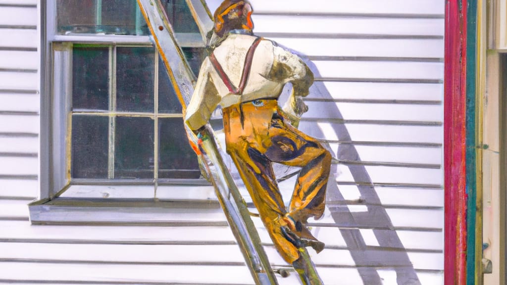 Man climbing ladder on Edison, New Jersey home to replace roof