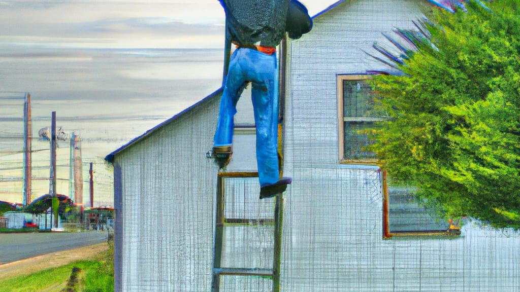 Man climbing ladder on Edna, Texas home to replace roof