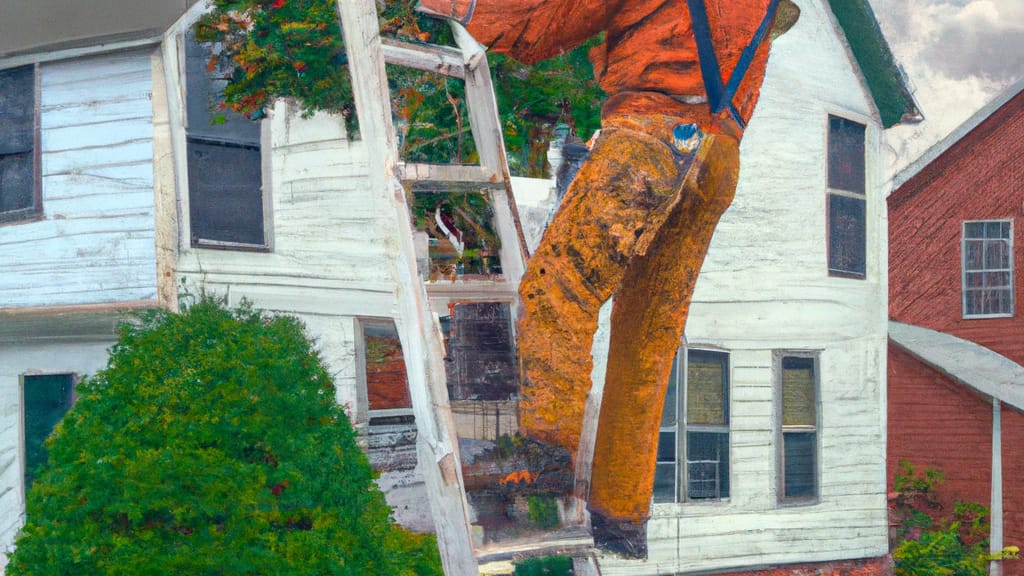 Man climbing ladder on Elyria, Ohio home to replace roof