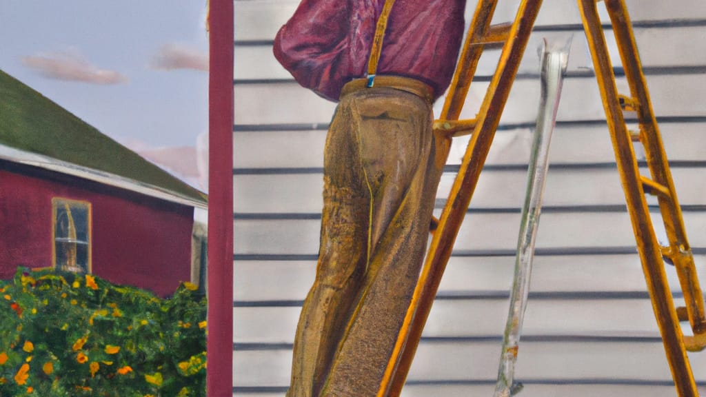 Man climbing ladder on Escanaba, Michigan home to replace roof