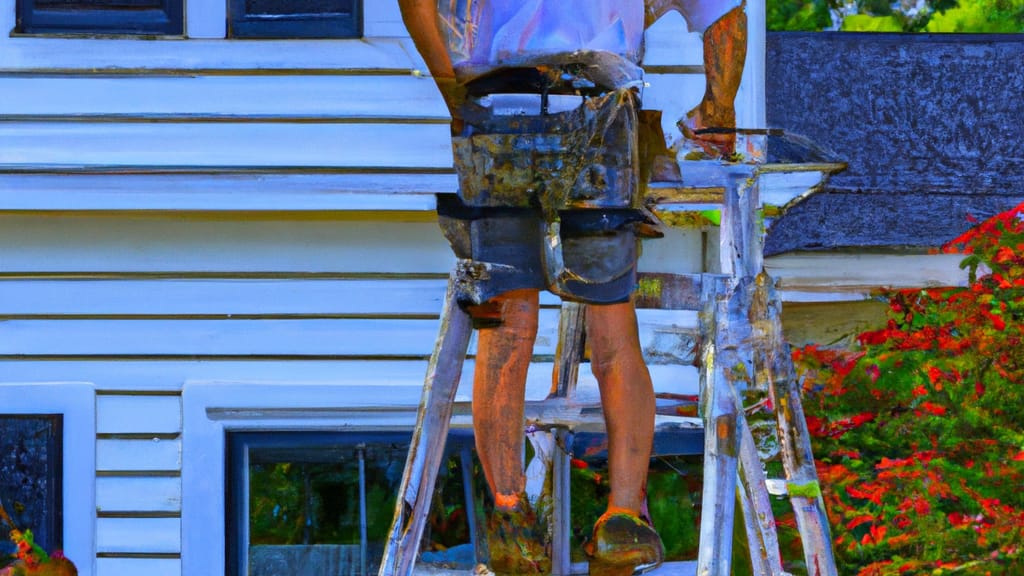 Man climbing ladder on Essex, Connecticut home to replace roof