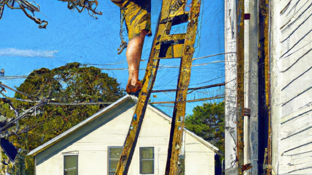 Man climbing ladder on Eufaula, Alabama home to replace roof