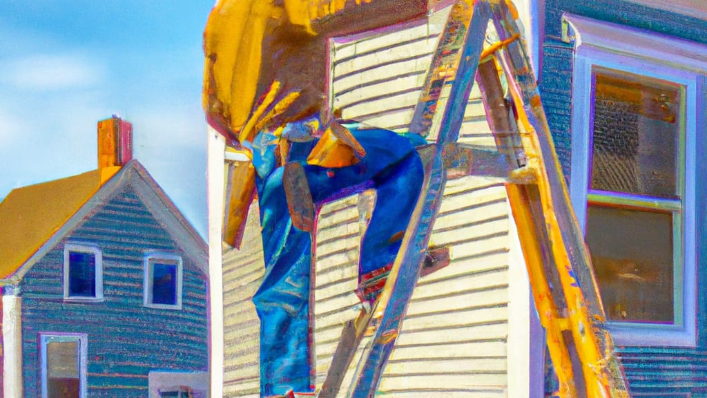 Man climbing ladder on Everett, Massachusetts home to replace roof