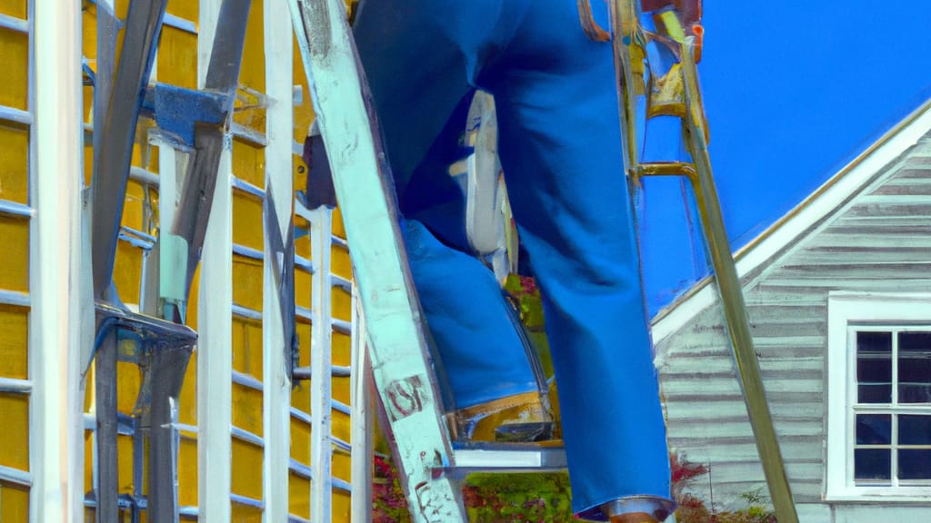 Man climbing ladder on Exeter, Rhode Island home to replace roof
