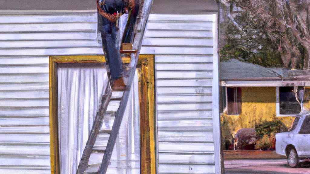 Man climbing ladder on Fairfield, Alabama home to replace roof