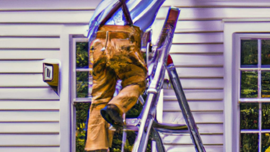 Man climbing ladder on Fairfield, Connecticut home to replace roof