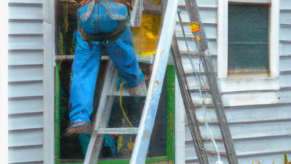 Man climbing ladder on Fall River, Massachusetts home to replace roof