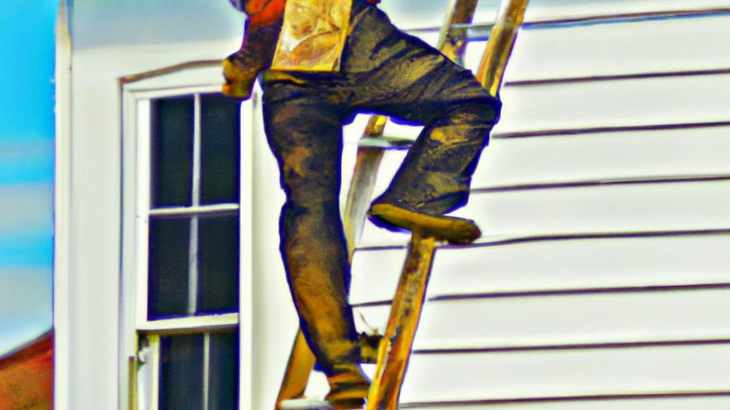 Man climbing ladder on Farmville, Virginia home to replace roof