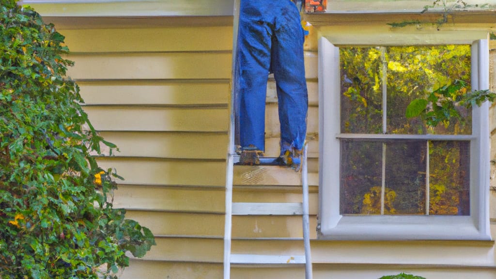 Man climbing ladder on Florham Park, New Jersey home to replace roof