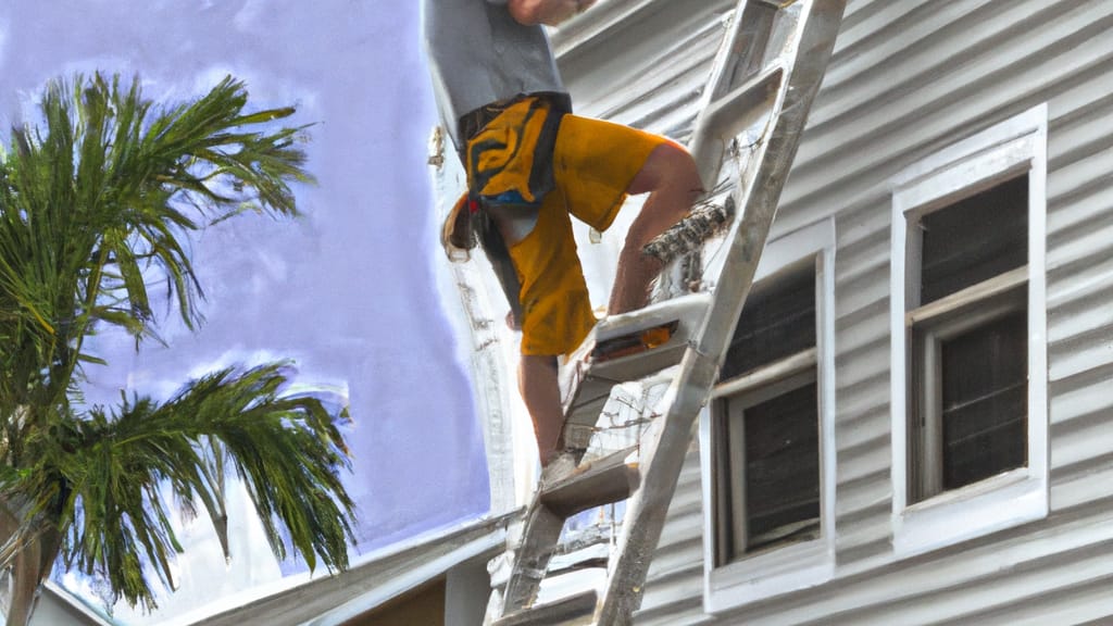 Man climbing ladder on Fort Myers Beach, Florida home to replace roof