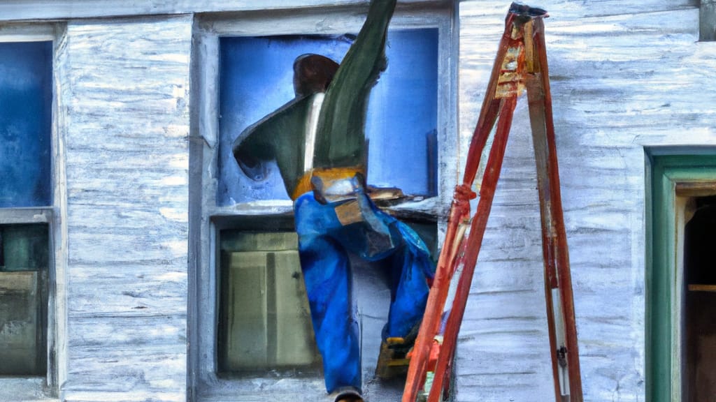 Man climbing ladder on Frankfort, Indiana home to replace roof