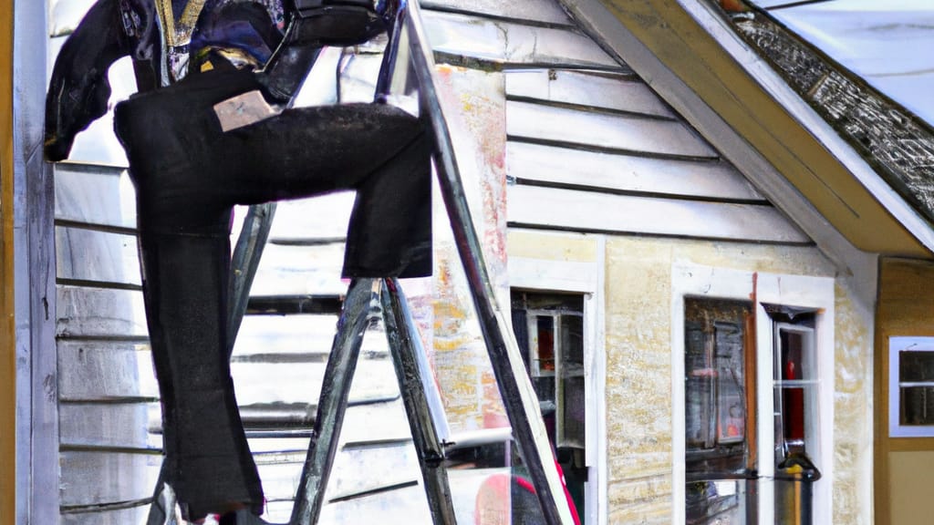 Man climbing ladder on Fulton, Missouri home to replace roof