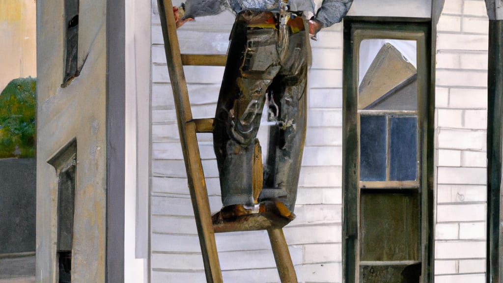 Man climbing ladder on Galena, Missouri home to replace roof