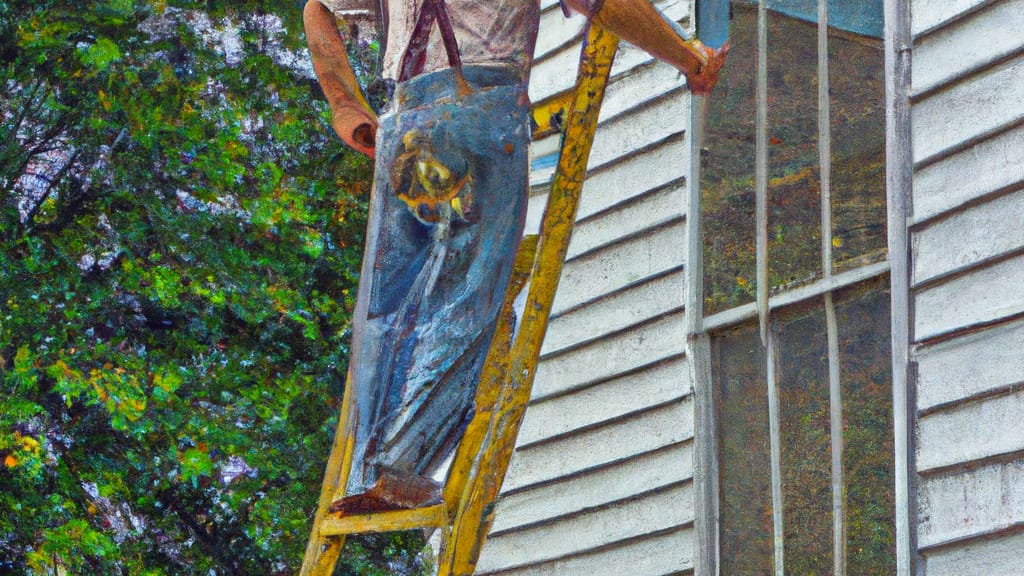 Man climbing ladder on Gallatin, Missouri home to replace roof