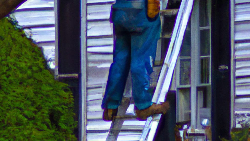 Man climbing ladder on Gastonia, North Carolina home to replace roof