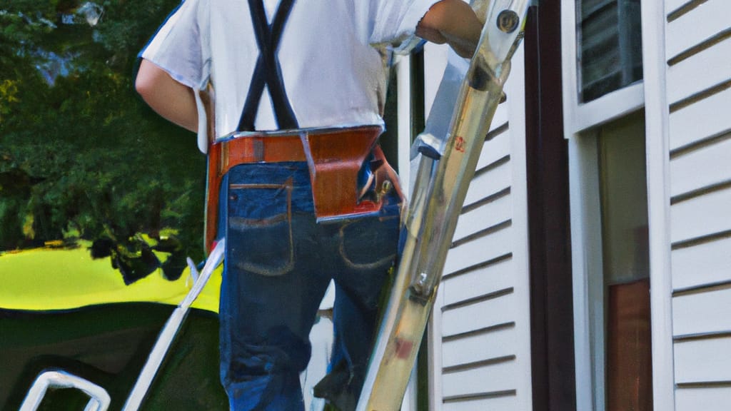 Man climbing ladder on Geneva, Illinois home to replace roof