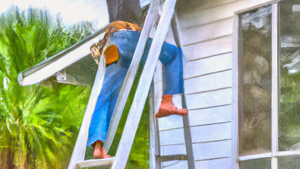 Man climbing ladder on Gibsonton, Florida home to replace roof