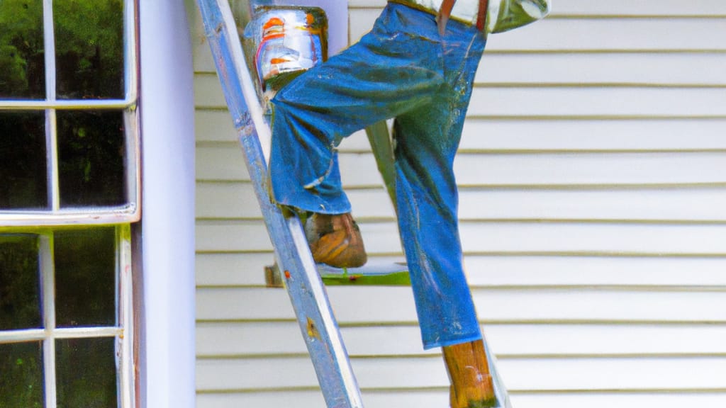 Man climbing ladder on Gilford, New Hampshire home to replace roof