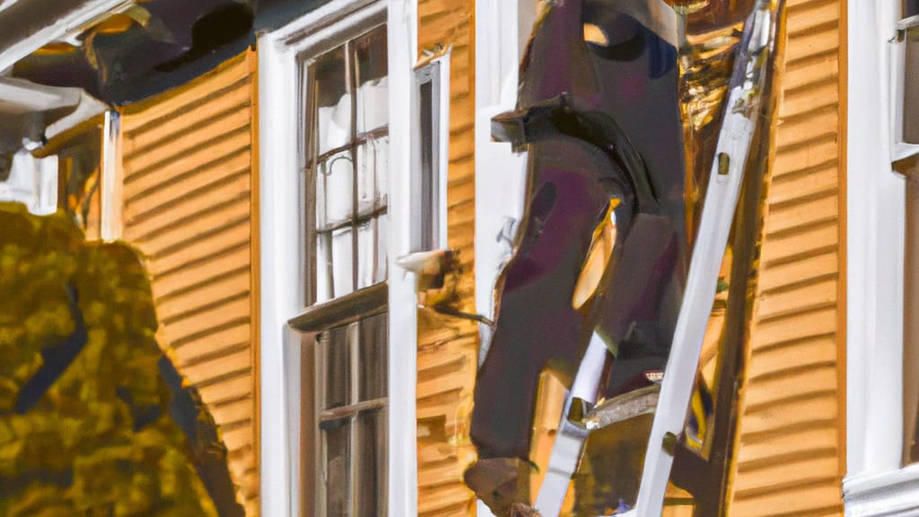 Man climbing ladder on Glens Falls, New York home to replace roof