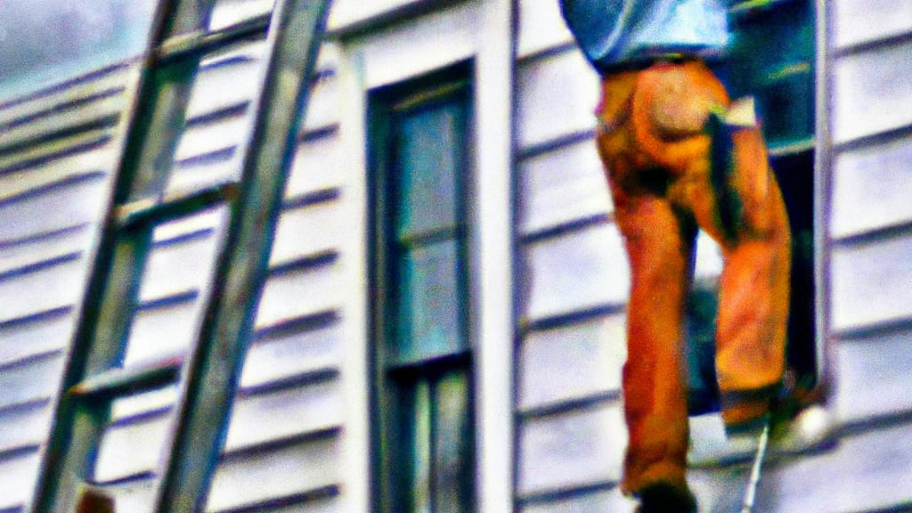 Man climbing ladder on Grand Rapids, Michigan home to replace roof