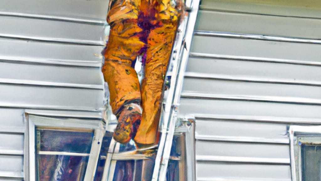 Man climbing ladder on Grayling, Michigan home to replace roof