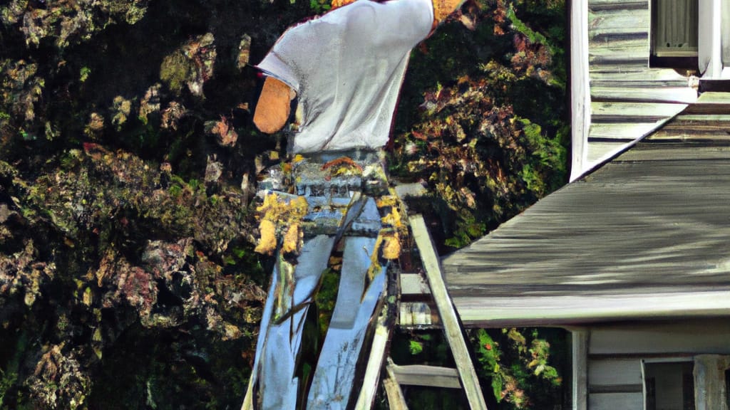 Man climbing ladder on Great Neck, New York home to replace roof