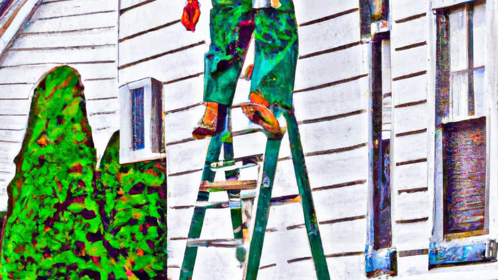 Man climbing ladder on Greenville, Indiana home to replace roof