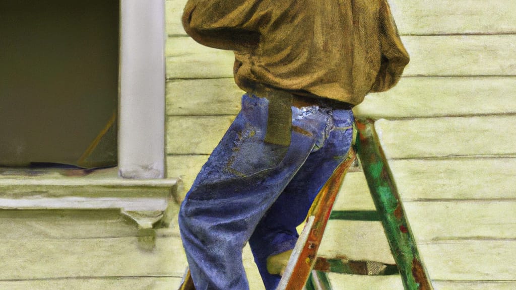 Man climbing ladder on Greenville, Pennsylvania home to replace roof