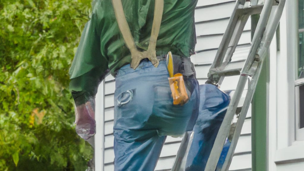 Man climbing ladder on Greenville, Rhode Island home to replace roof