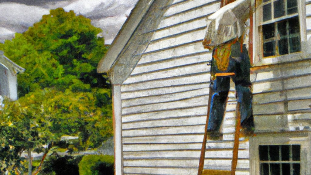 Man climbing ladder on Groveland, Massachusetts home to replace roof