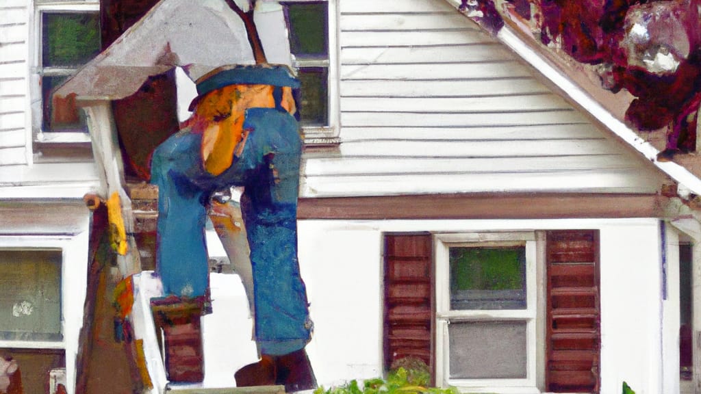 Man climbing ladder on Haledon, New Jersey home to replace roof