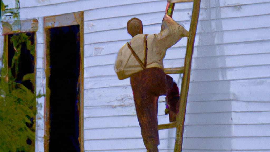 Man climbing ladder on Hales Corners, Wisconsin home to replace roof