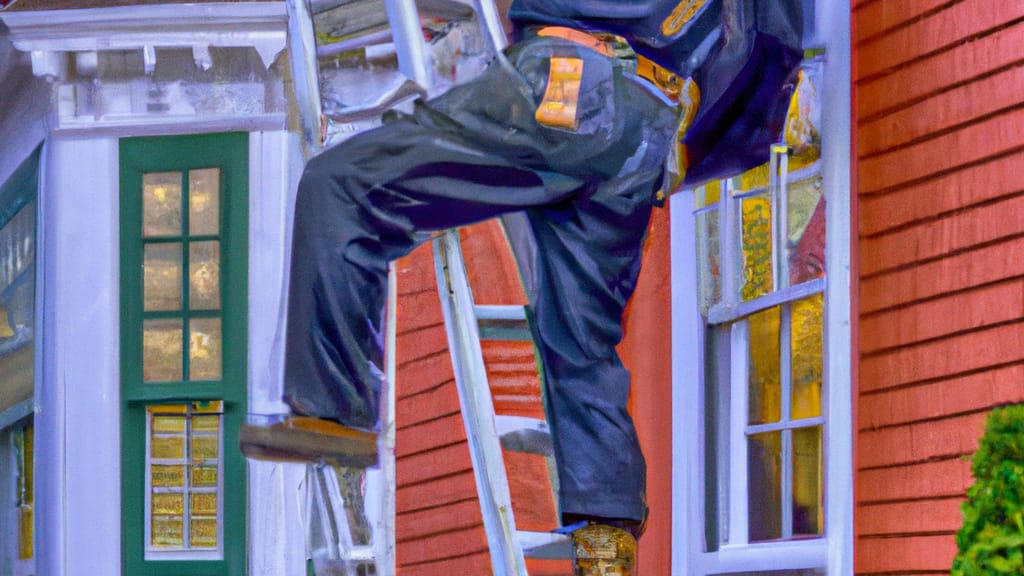 Man climbing ladder on Halifax, Massachusetts home to replace roof