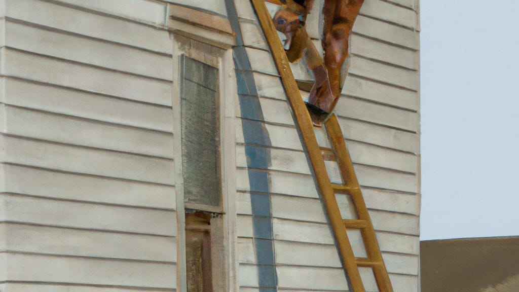 Man climbing ladder on Harrisonville, Missouri home to replace roof