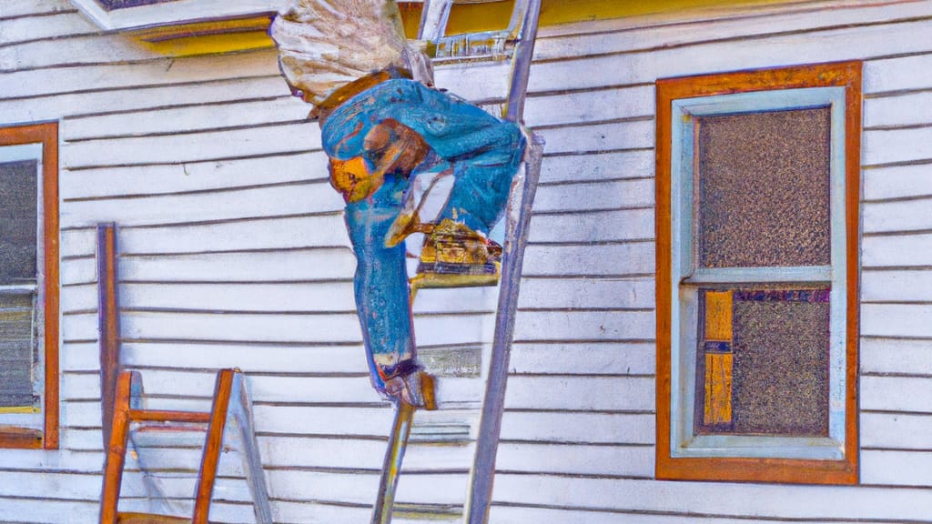 Man climbing ladder on Hartland, Wisconsin home to replace roof