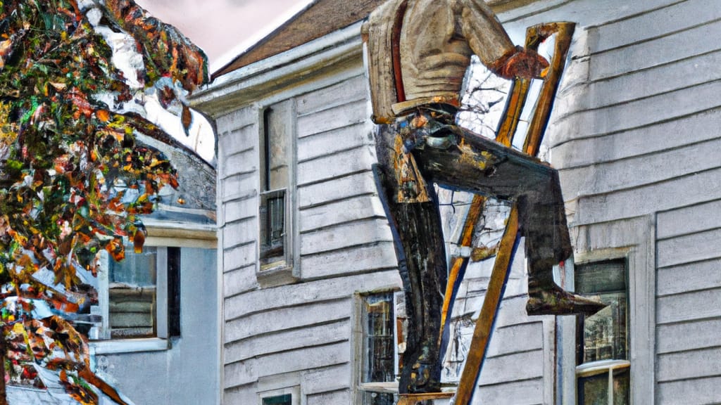 Man climbing ladder on Hasbrouck Heights, New Jersey home to replace roof