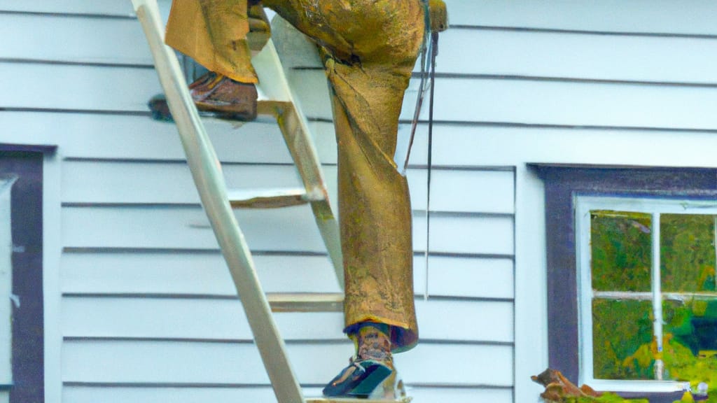 Man climbing ladder on Hastings, Michigan home to replace roof