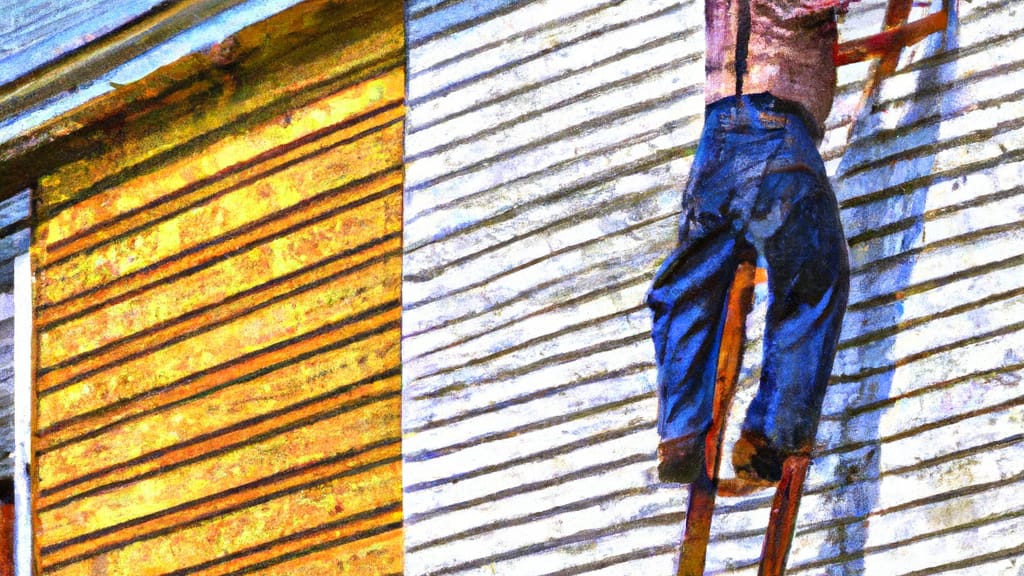Man climbing ladder on Hazleton, Pennsylvania home to replace roof
