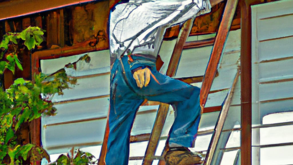 Man climbing ladder on Henryetta, Oklahoma home to replace roof