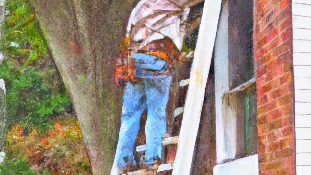 Man climbing ladder on Highland Park, Michigan home to replace roof