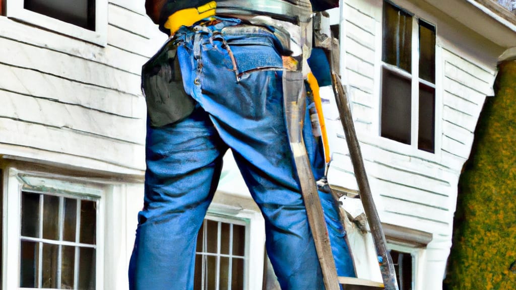 Man climbing ladder on Highlands, New Jersey home to replace roof