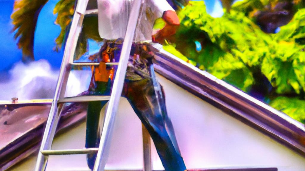 Man climbing ladder on Hilo, Hawaii home to replace roof