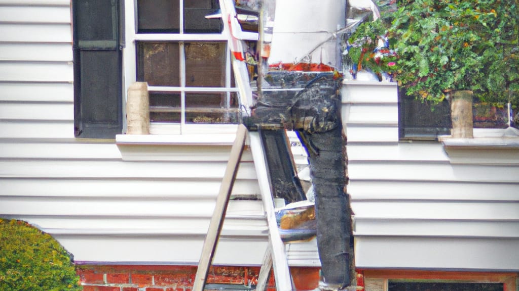 Man climbing ladder on Hollis, New Hampshire home to replace roof